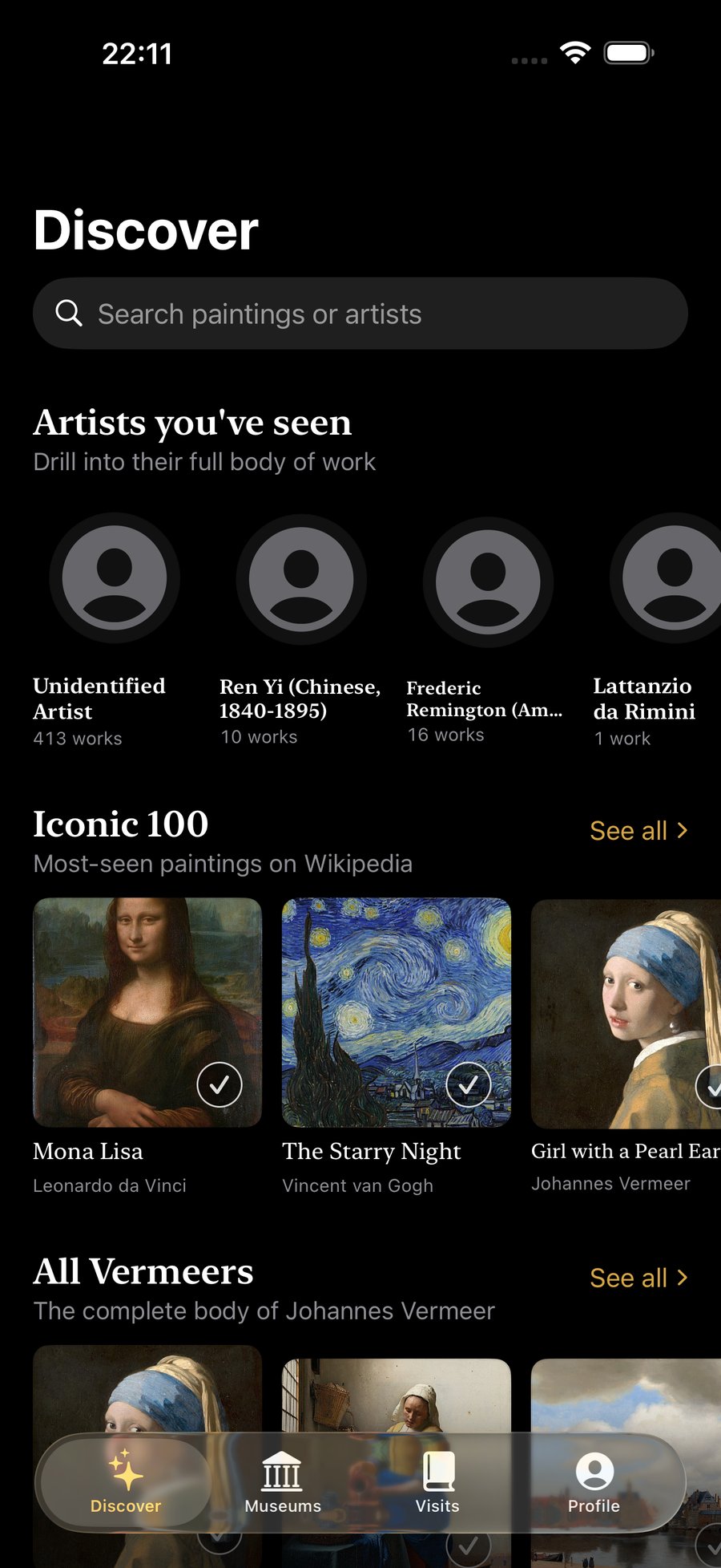 Seen app — Discover screen showing curated lists of paintings you've seen